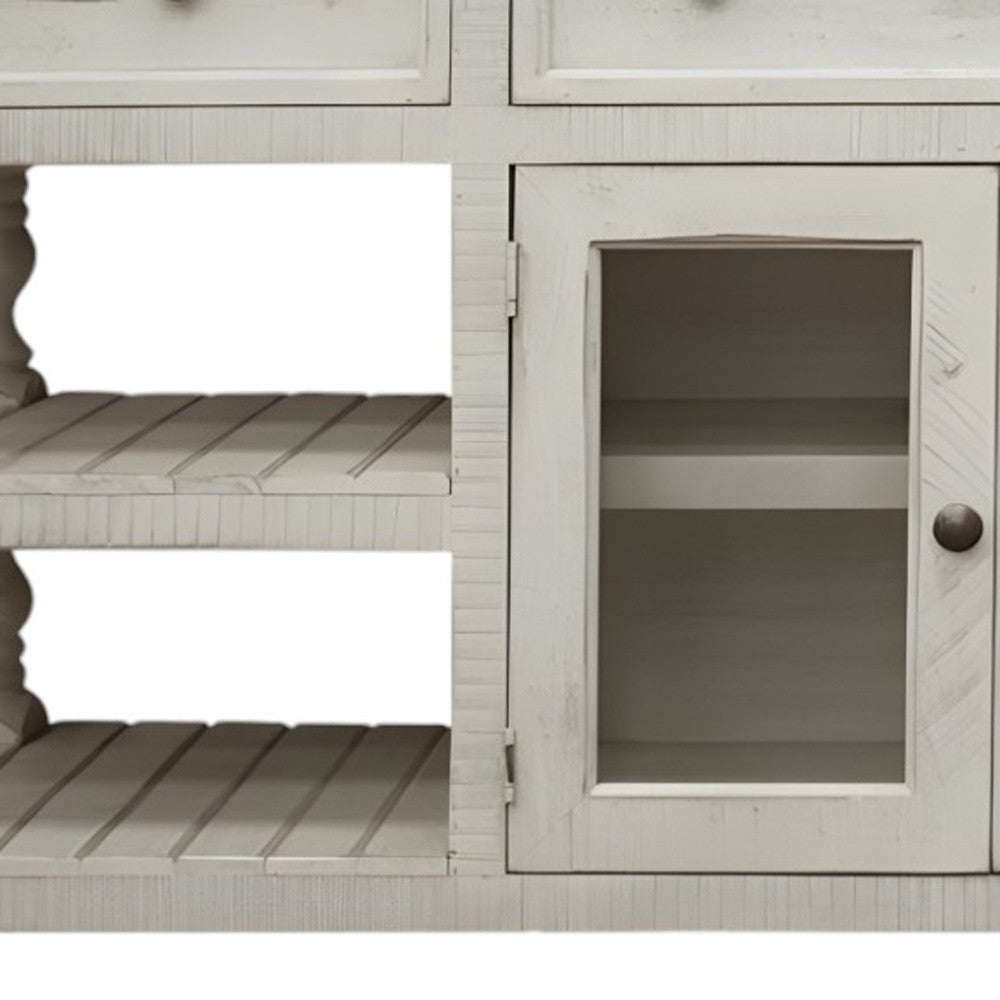 60" Ivory Solid Wood Open shelving Distressed TV Stand-2