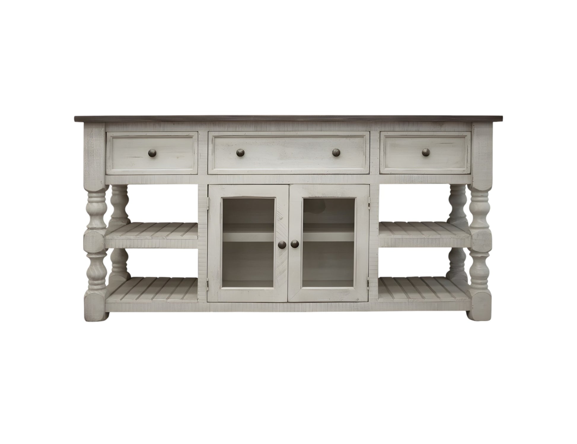 60" Ivory Solid Wood Open shelving Distressed TV Stand-1