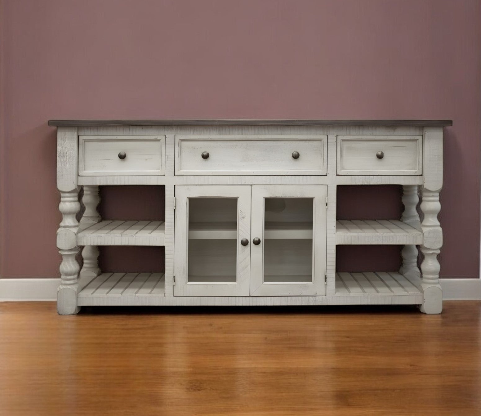 70" Ivory Solid Wood Open shelving Distressed TV Stand-0