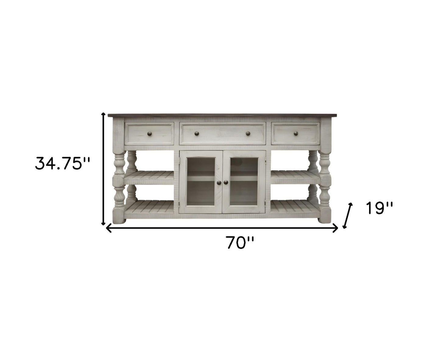 70" Ivory Solid Wood Open shelving Distressed TV Stand-3