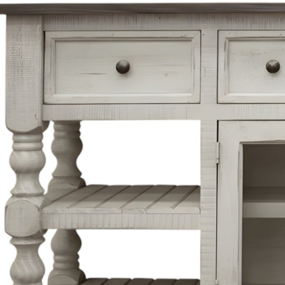 70" Ivory Solid Wood Open shelving Distressed TV Stand-2