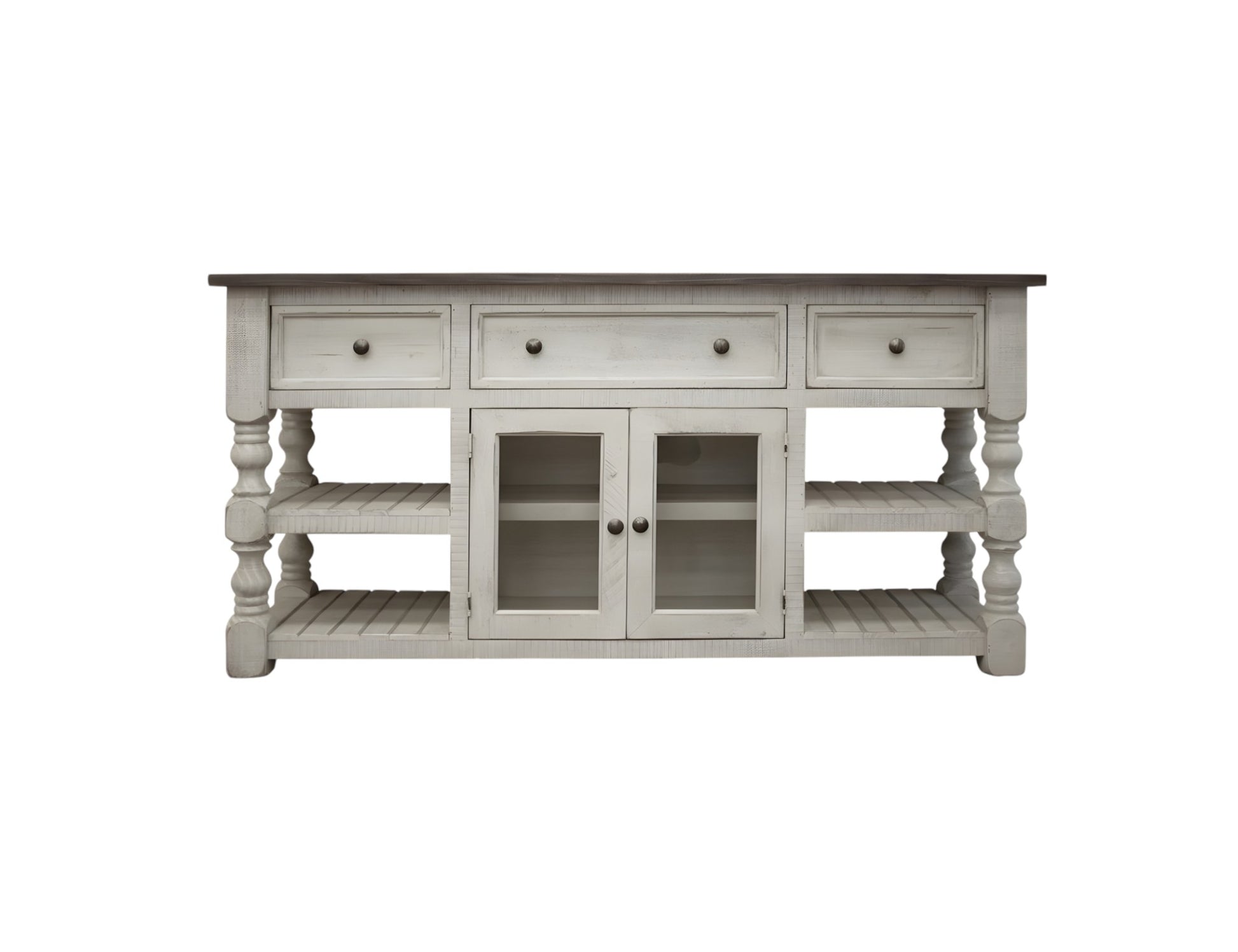 70" Ivory Solid Wood Open shelving Distressed TV Stand-1