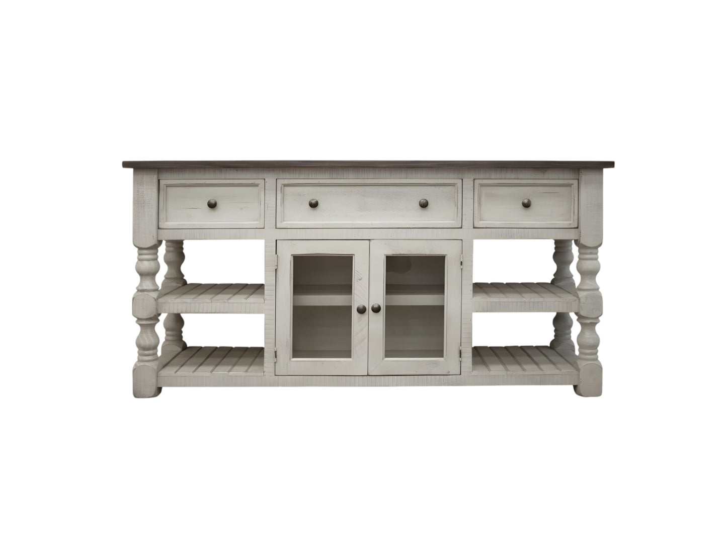 70" Ivory Solid Wood Open shelving Distressed TV Stand-1