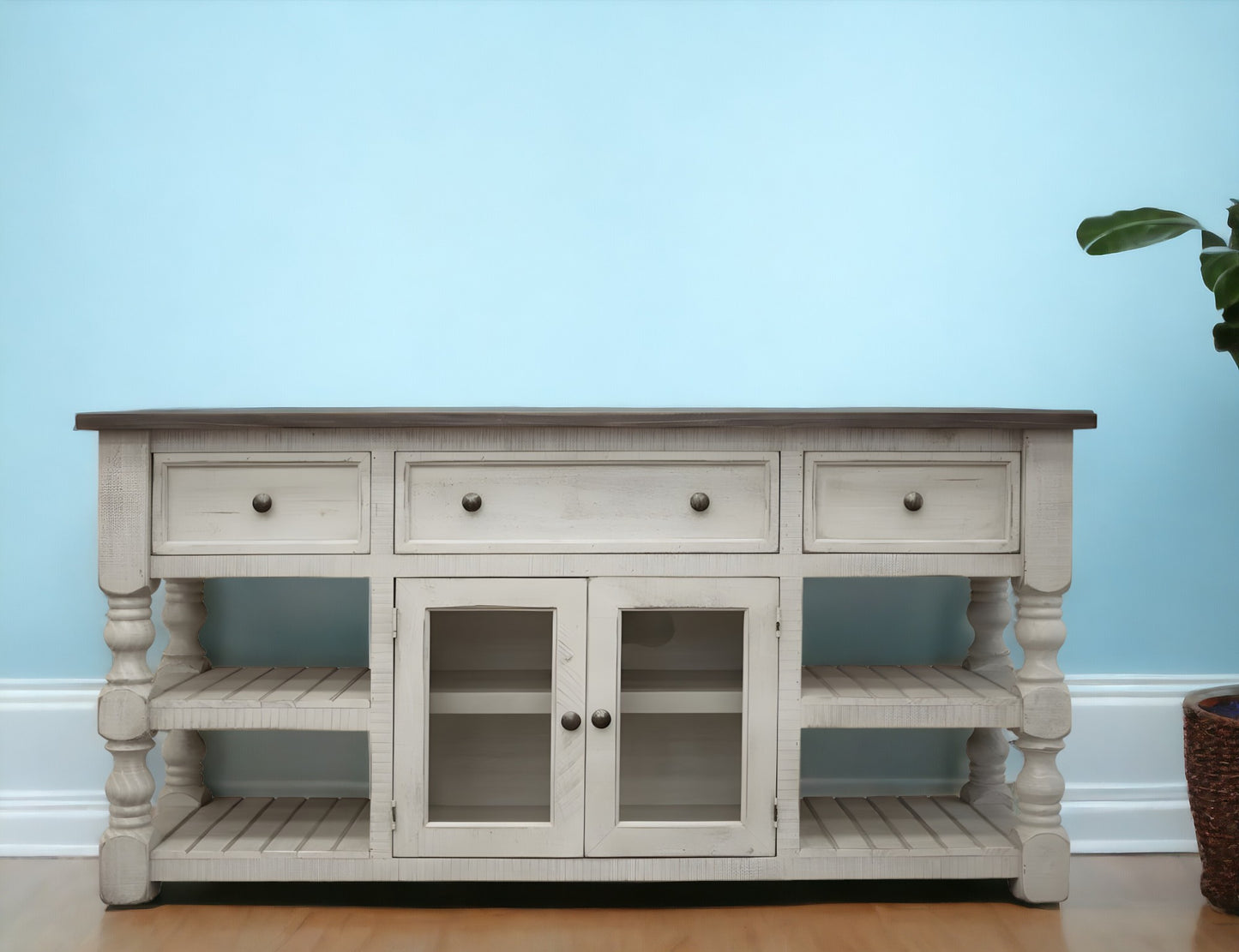81" Ivory Solid Wood Open shelving Distressed TV Stand-0