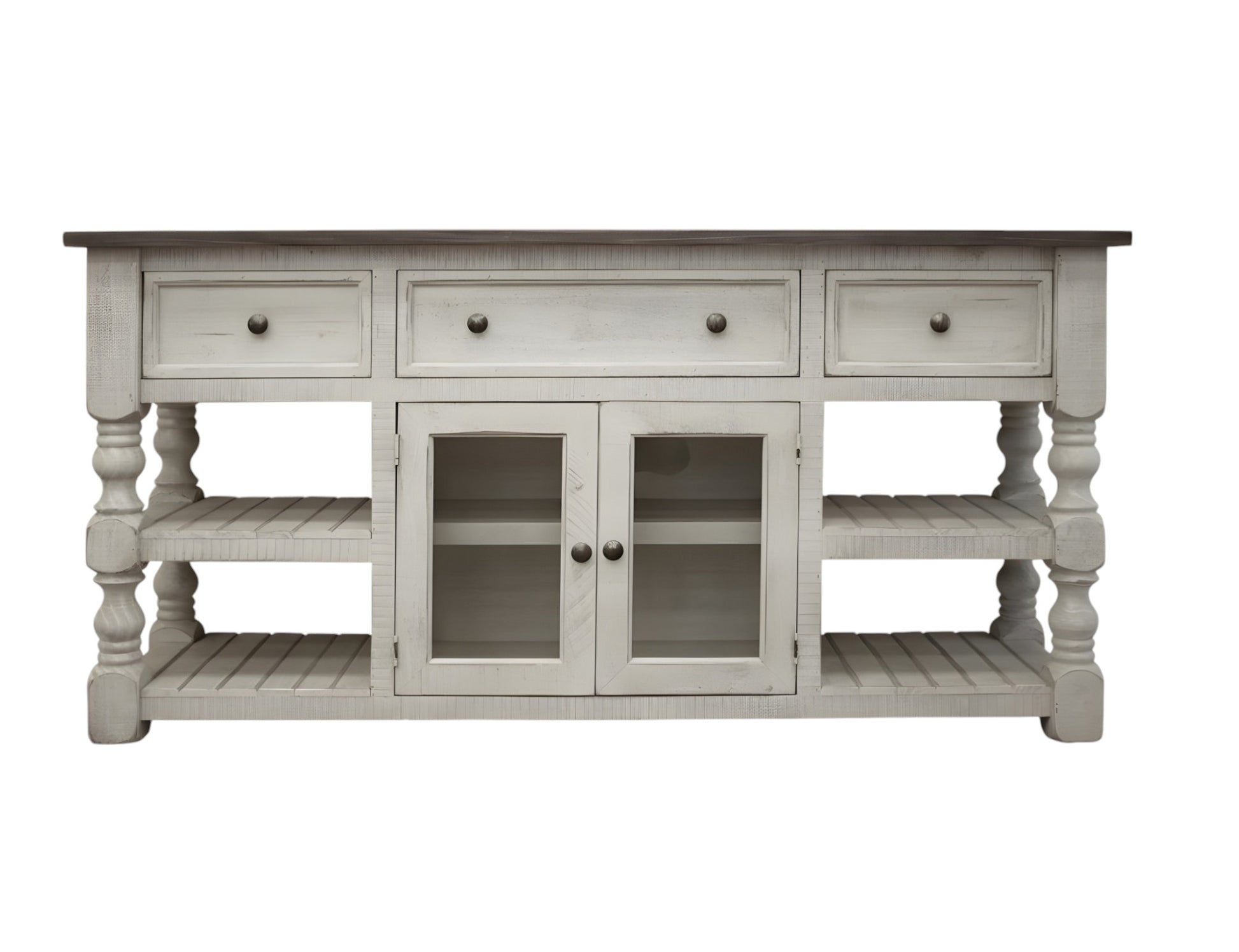 81" Ivory Solid Wood Open shelving Distressed TV Stand-1