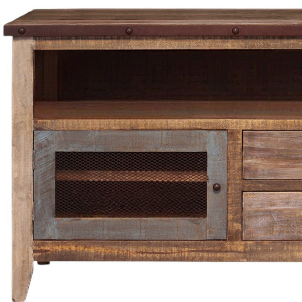 53" Brown Solid Wood Cabinet Enclosed Storage Distressed TV Stand-2