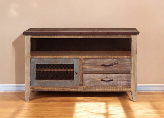 53" Brown Solid Wood Cabinet Enclosed Storage Distressed TV Stand-0