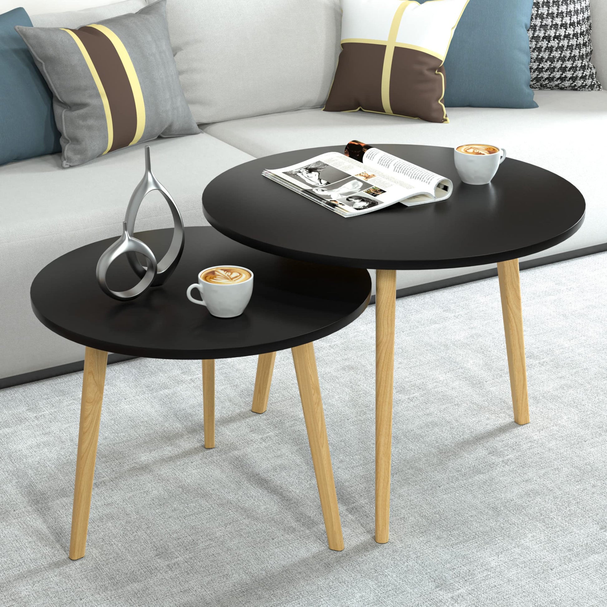 Set Of Two 20" Wood Brown And Black Round Nested Tables - Loft&Timber