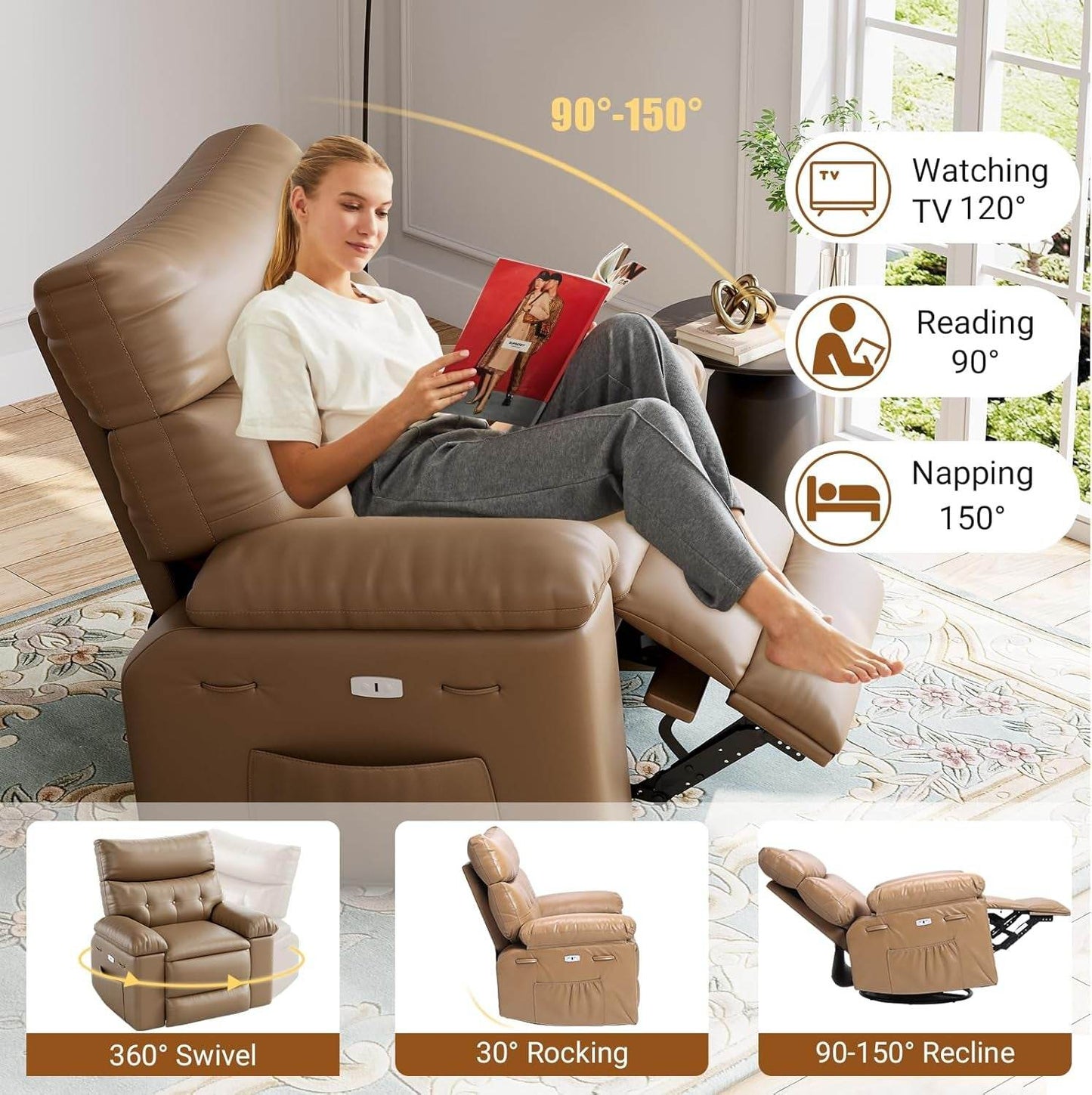 Oversized Recliner Chair for Adults,Pu Leather Electric Rocker Recliner,360 Degree Swivel Lounge Chair with Side Pocket,Modern Massage Recliner Chair Sofa for Living Room,Bedroom (Light Brown) - Loft&Timber