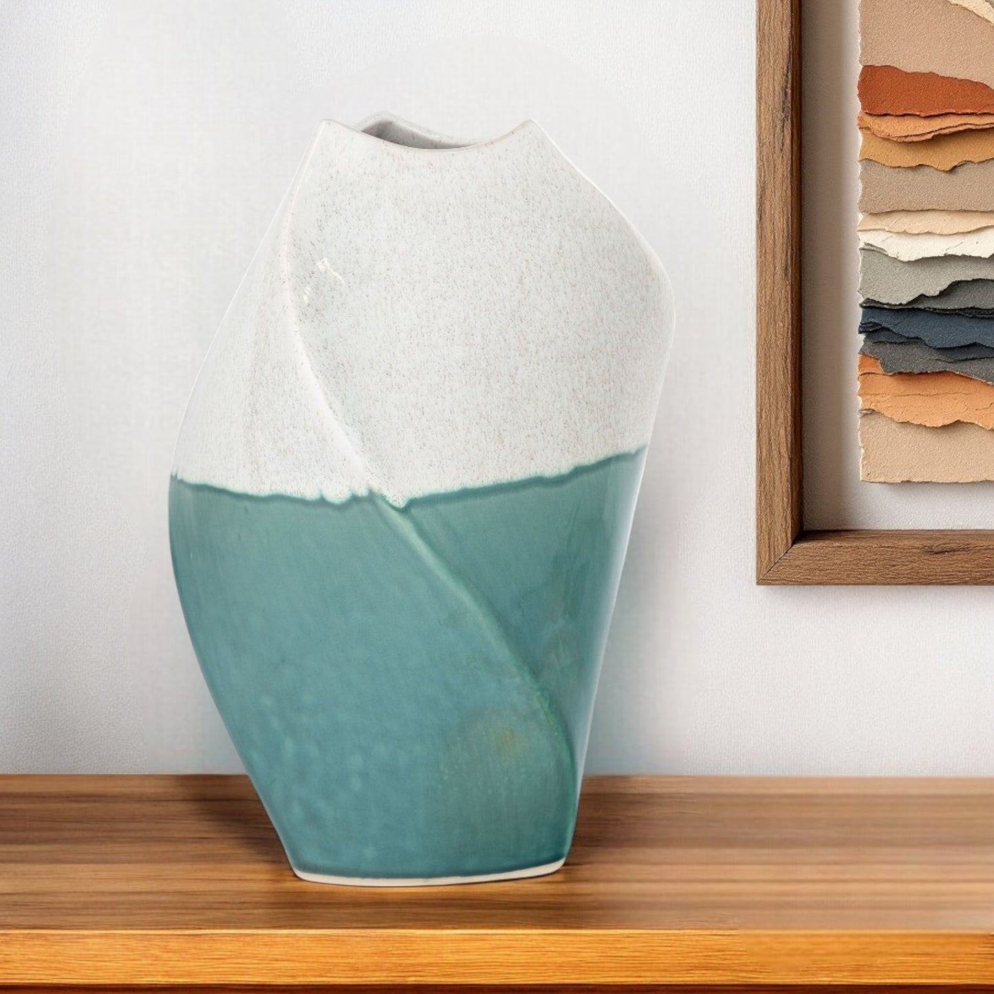 12" Green and Ivory Ombre Wavy Ceramic Table Vase - Loft&Timber