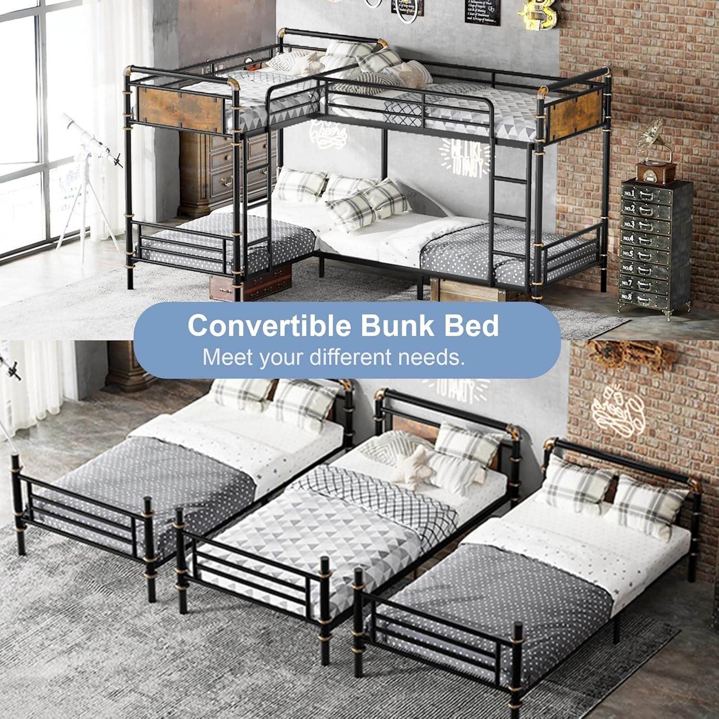 Quad Bunk Bed, Heavy Duty Metal 4 Bunk Beds for Kids with Ladders, Detachable Industrial L-Shaped Bunk Beds, Space Saving Design,Can Be Divided into 3 Twin Beds, Black - Loft&Timber