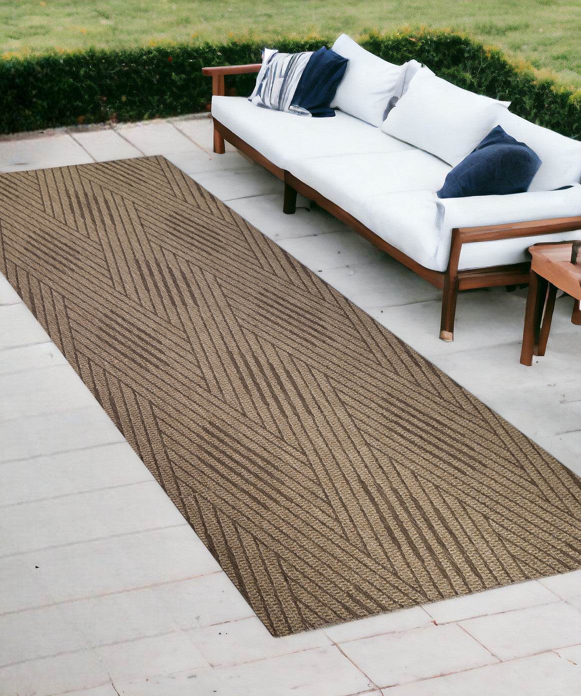 8' Runner Beige Geometric Stain Resistant Indoor Outdoor Runner Rug - Loft&Timber