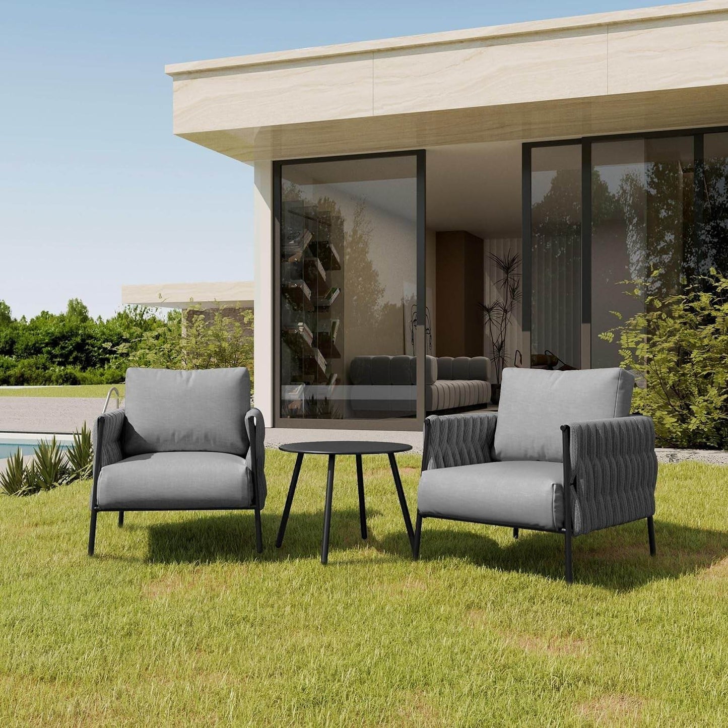3 Pieces Patio Furniture Set, Armchairs with Coffee Table, Outdoor Furniture Set with Cushion, Modern Outdoor Furniture Deep Seating for Outdoor Garden Porch, Earth Black & Misty Grey - Loft&Timber
