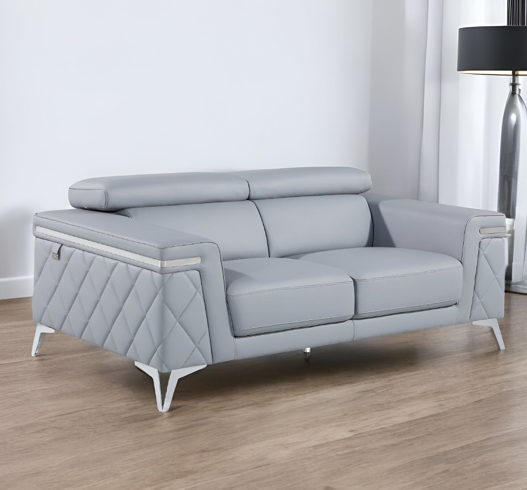 70" Light Blue And Silver Metallic Top Grain Leather Loveseat - Loft&Timber