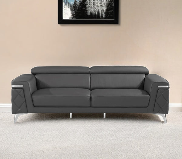 89" Dark Gray Italian Leather Sofa With Silver Legs-0