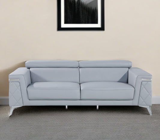 89" Light Blue Italian Leather Sofa With Silver Legs-0