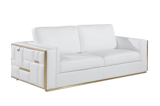 89" White Italian Leather Sofa With Brass Legs-1