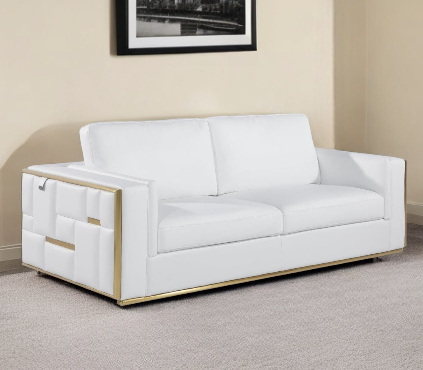 89" White Italian Leather Sofa With Brass Legs-0