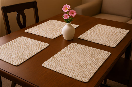 15" Set of Four Ivory And Natural Jute Square Placemats - Loft&Timber