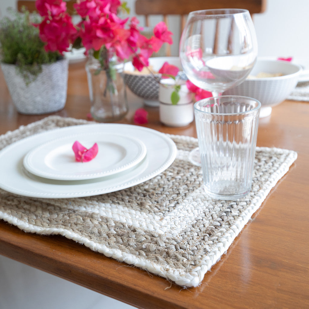 19" Set of Four Natural And Ivory Geometric Braided Jute Placemats-4