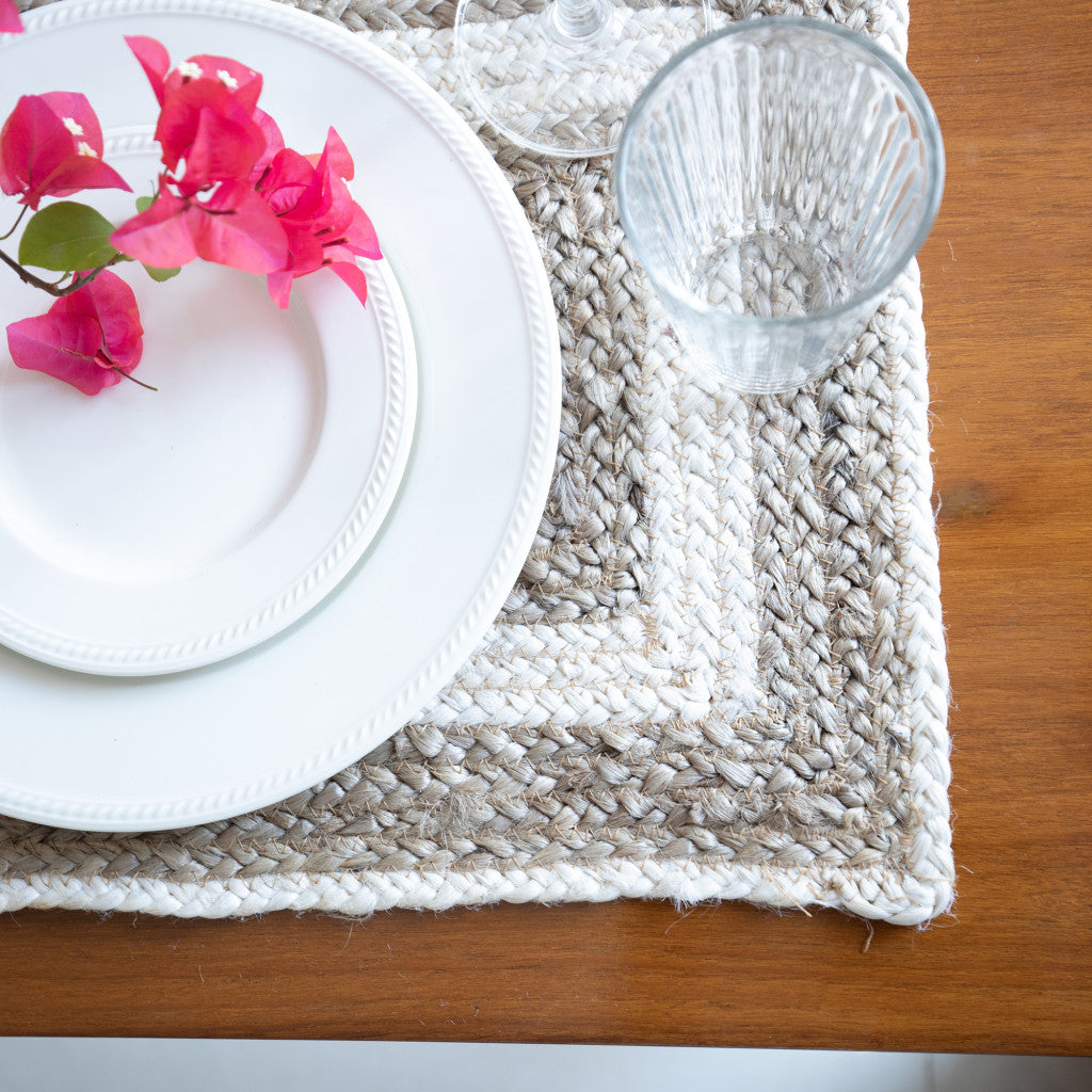 19" Set of Four Natural And Ivory Geometric Braided Jute Placemats-2