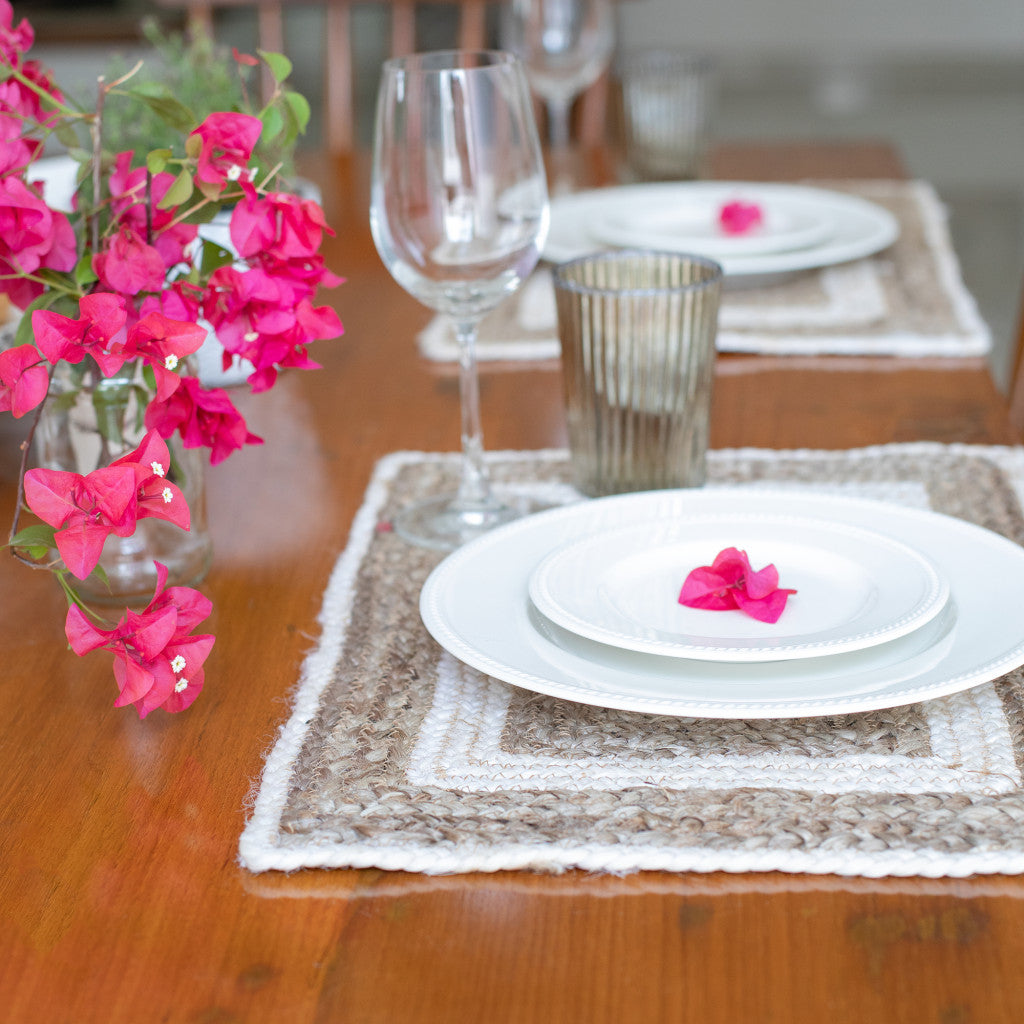 19" Set of Four Natural And Ivory Geometric Braided Jute Placemats-3