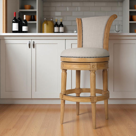 30" Beige and Natural Fabric and Solid Wood Bar Height Swivel Bar Chair - Loft&Timber