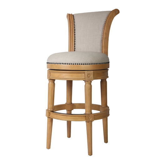 30" Beige and Natural Fabric and Solid Wood Bar Height Swivel Bar Chair - Loft&Timber