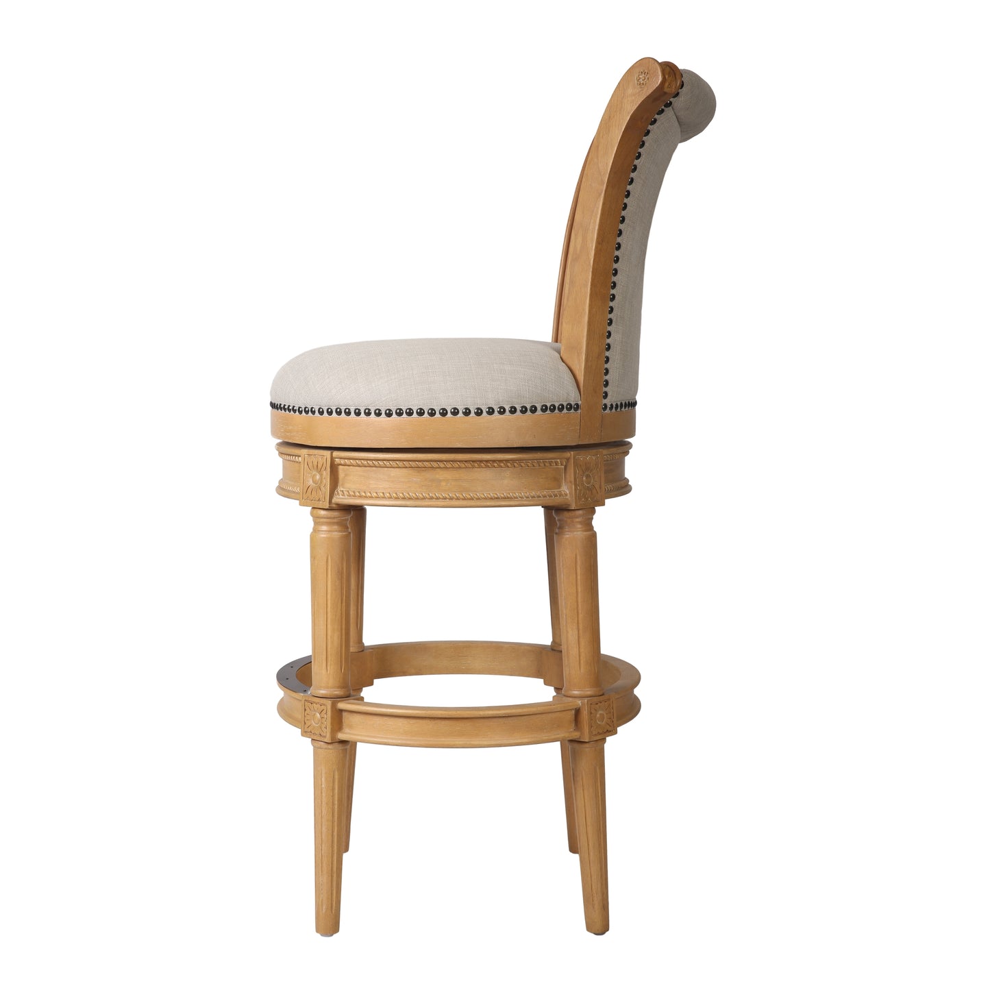 30" Beige and Natural Fabric and Solid Wood Bar Height Swivel Bar Chair - Loft&Timber