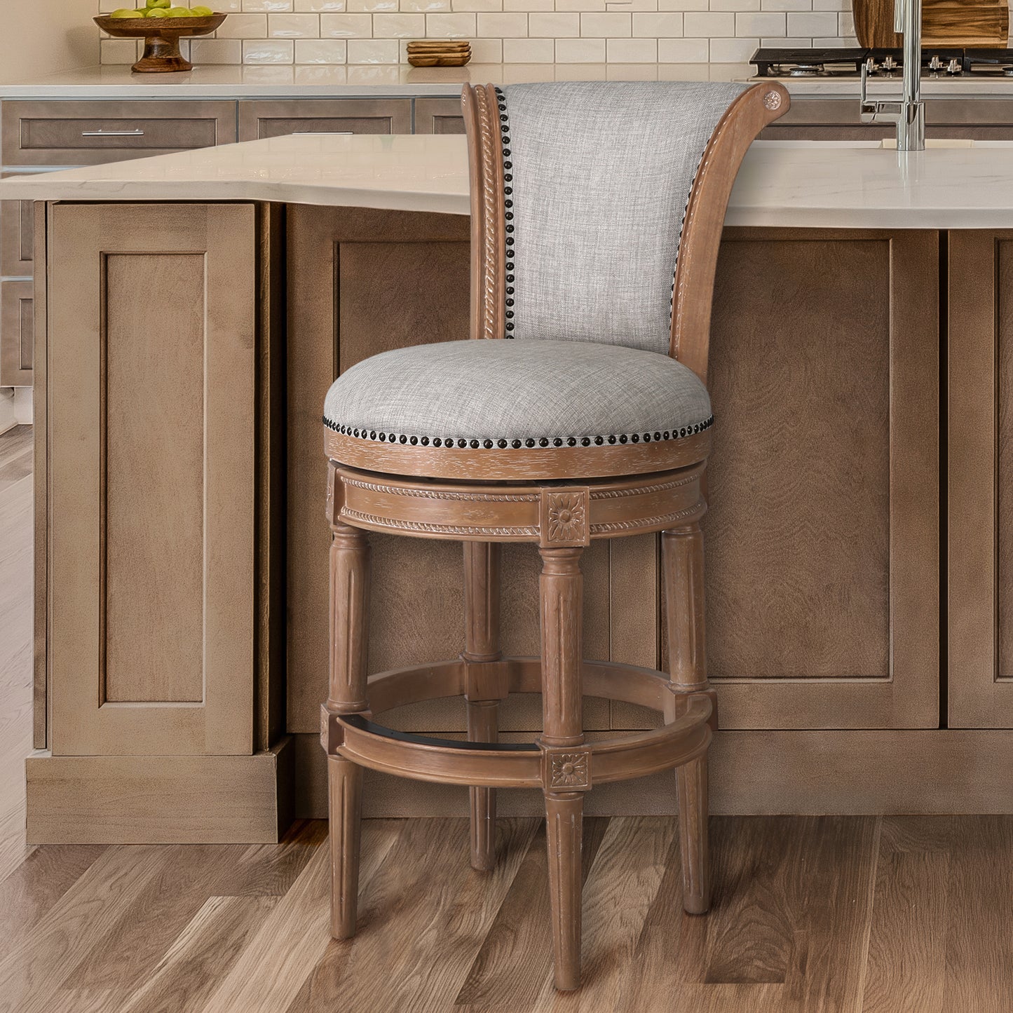 30" Beige and Natural Fabric and Solid Wood Bar Height Swivel Bar Chair - Loft&Timber