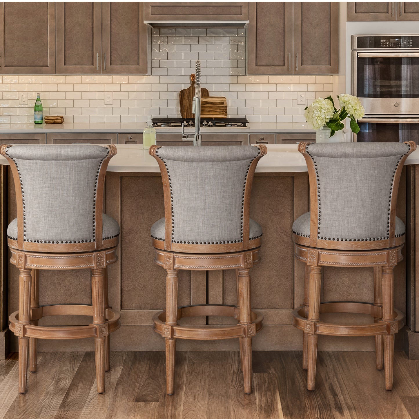 30" Beige and Natural Fabric and Solid Wood Bar Height Swivel Bar Chair - Loft&Timber