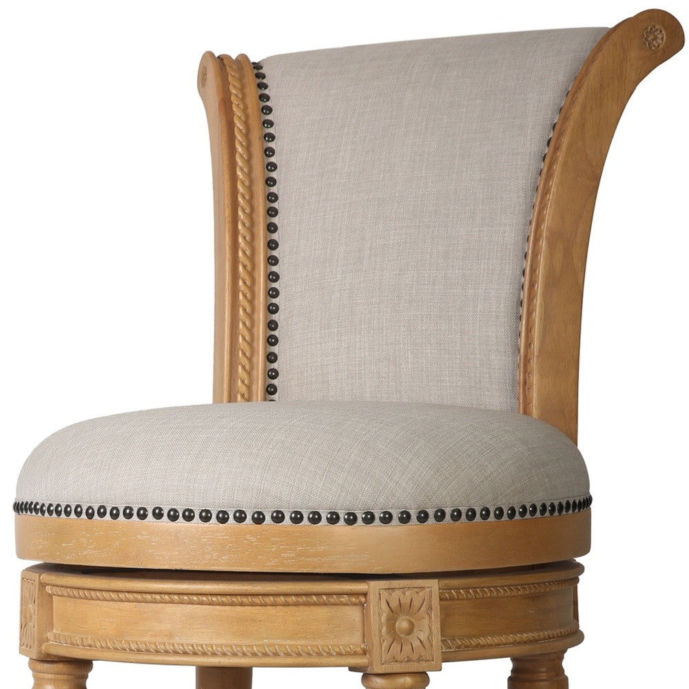 30" Beige and Natural Fabric and Solid Wood Bar Height Swivel Bar Chair - Loft&Timber