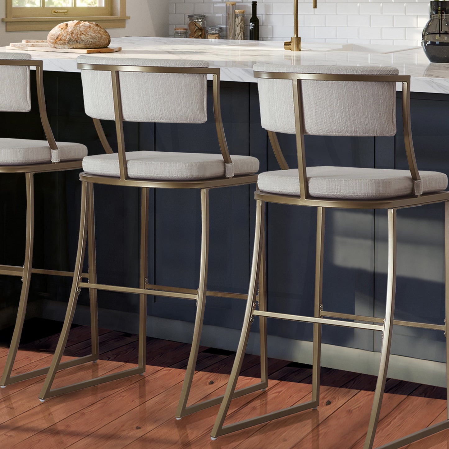 30" Beige And Antiqued Brass Steel Low Back Bar Height Bar Chair - Loft&Timber