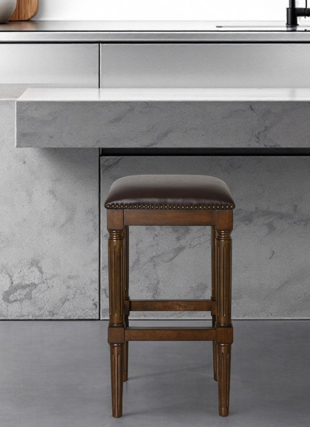 31" Brown And Dark Brown Solid Wood Backless Bar Height Bar Chair-0