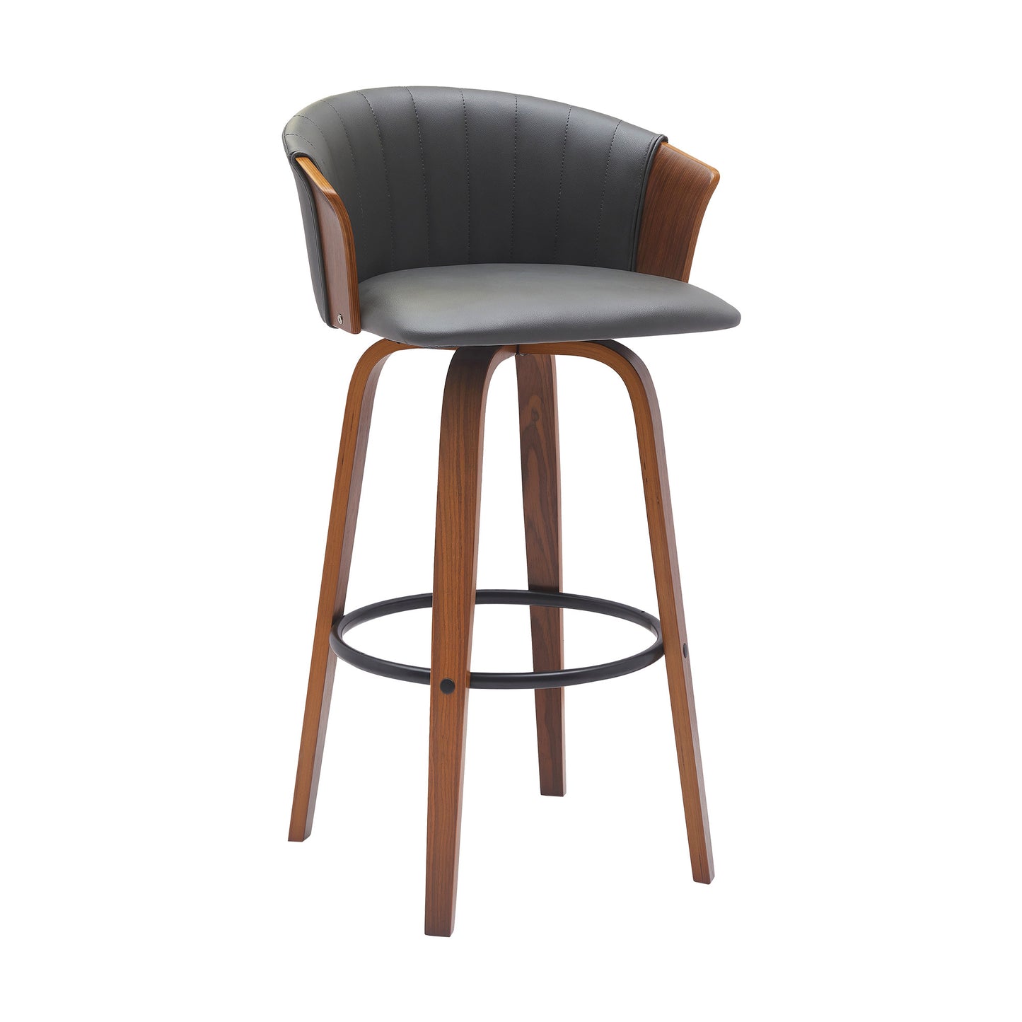 30" Gray And Wood Brown Faux Leather Swivel Bar Height Bar Chair - Loft&Timber
