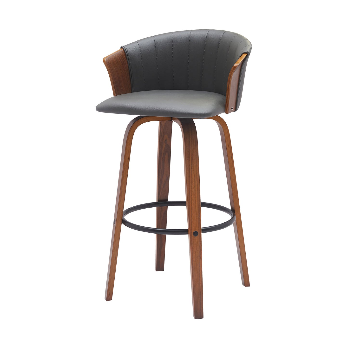 30" Gray And Wood Brown Faux Leather Swivel Bar Height Bar Chair - Loft&Timber