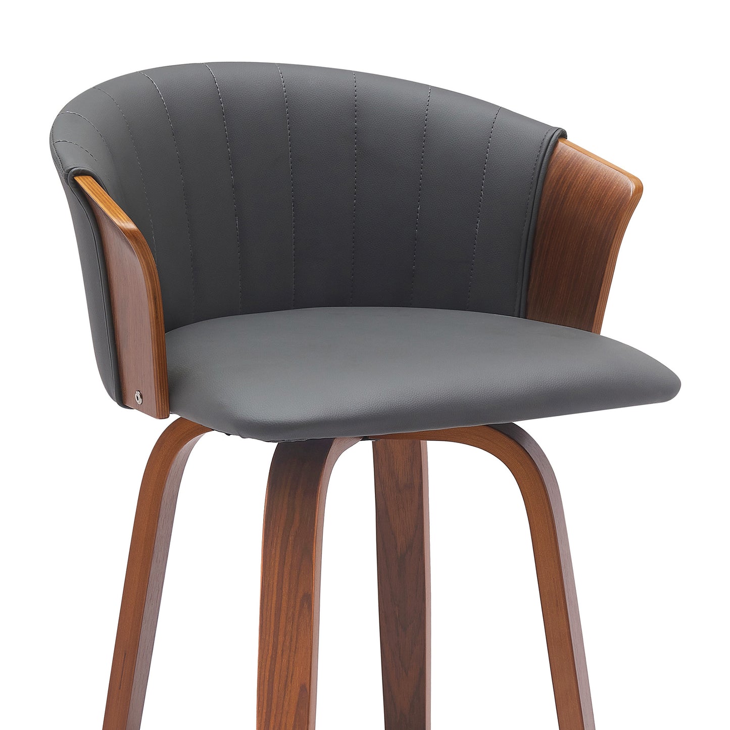 30" Gray And Wood Brown Faux Leather Swivel Bar Height Bar Chair - Loft&Timber
