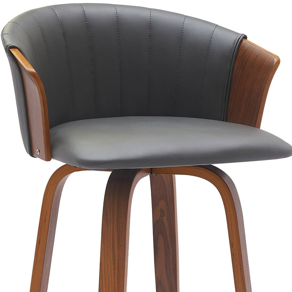 30" Gray And Wood Brown Faux Leather Swivel Bar Height Bar Chair - Loft&Timber