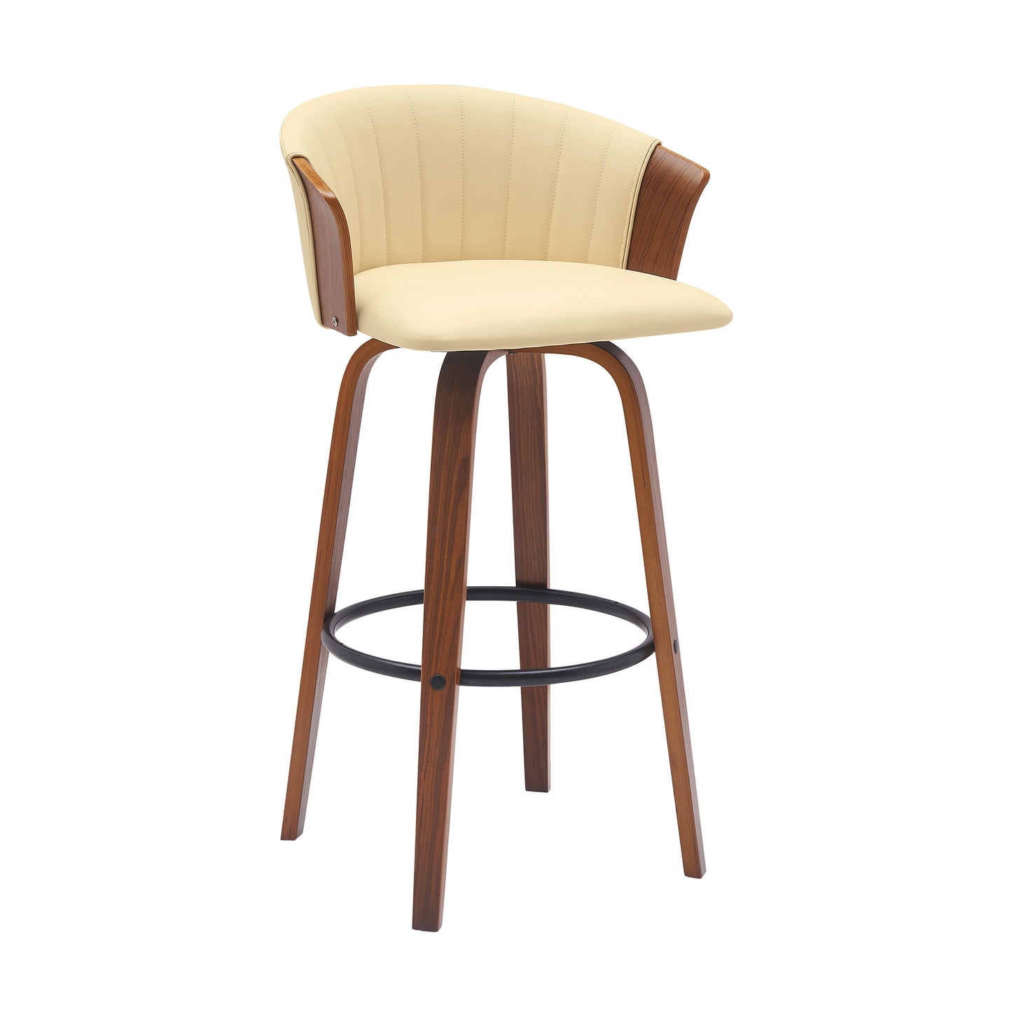 30" Cream And Wood Brown Faux Leather Swivel Bar Height Bar Chair - Loft&Timber
