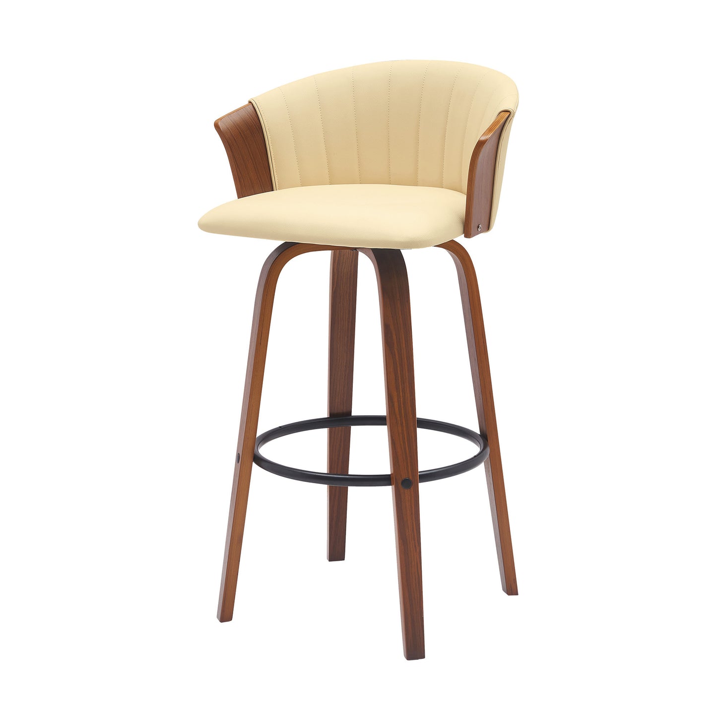 30" Cream And Wood Brown Faux Leather Swivel Bar Height Bar Chair - Loft&Timber