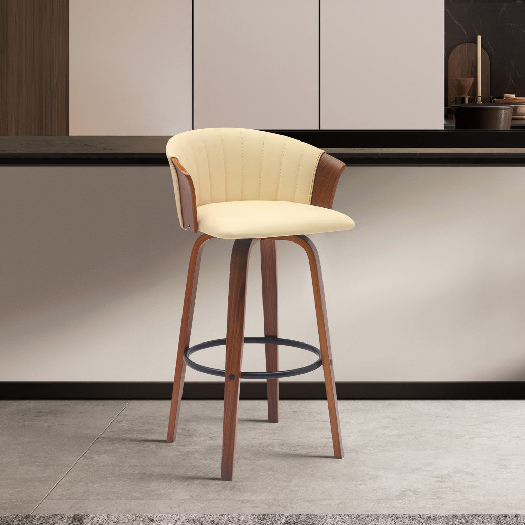 30" Cream And Wood Brown Faux Leather Swivel Bar Height Bar Chair - Loft&Timber