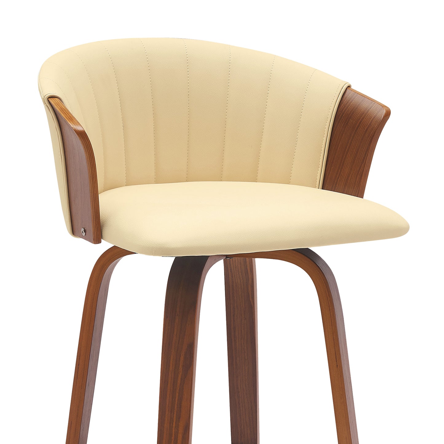 30" Cream And Wood Brown Faux Leather Swivel Bar Height Bar Chair - Loft&Timber