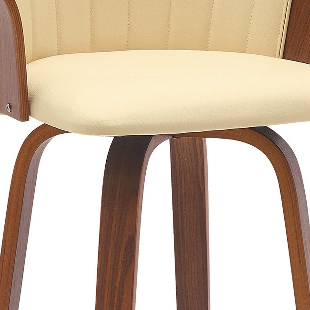 30" Cream And Wood Brown Faux Leather Swivel Bar Height Bar Chair - Loft&Timber