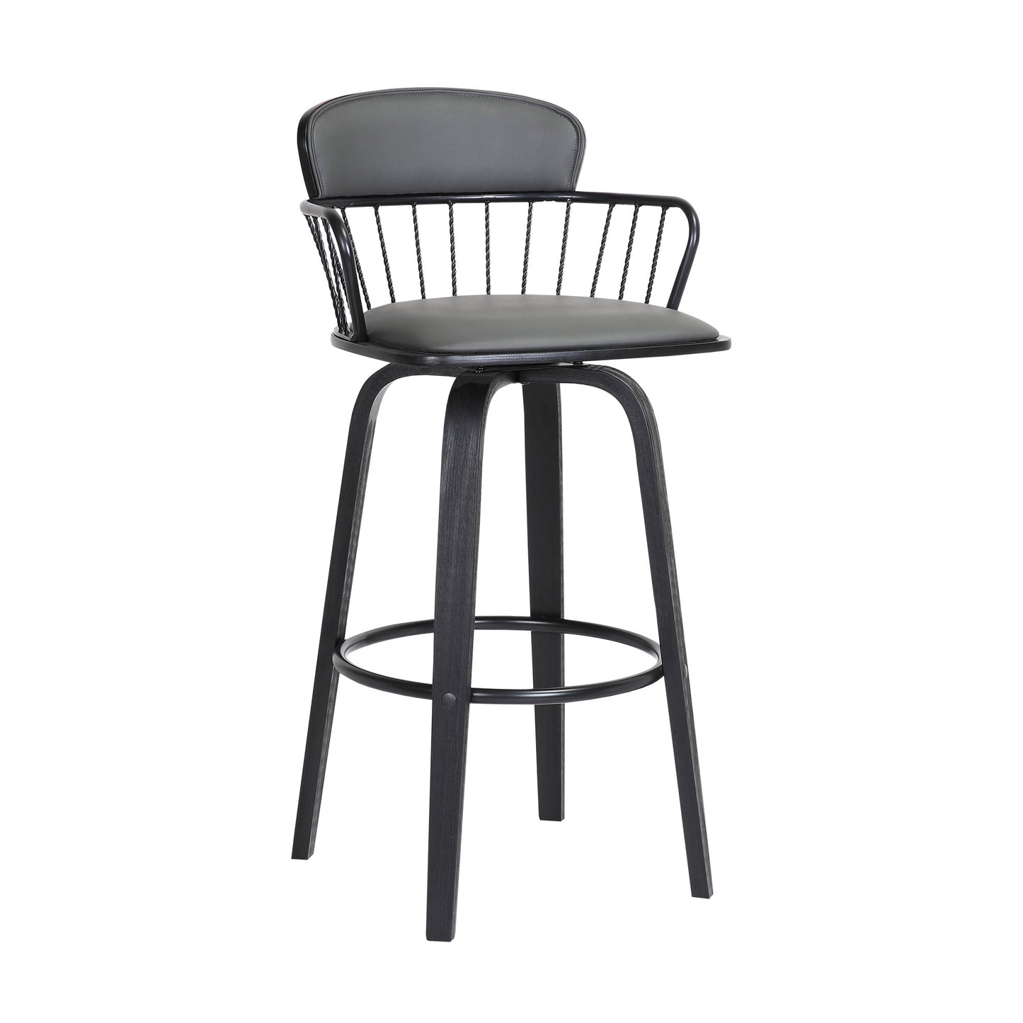 30" Gray And Black Faux Leather Swivel Low Back Bar Height Bar Chair - Loft&Timber