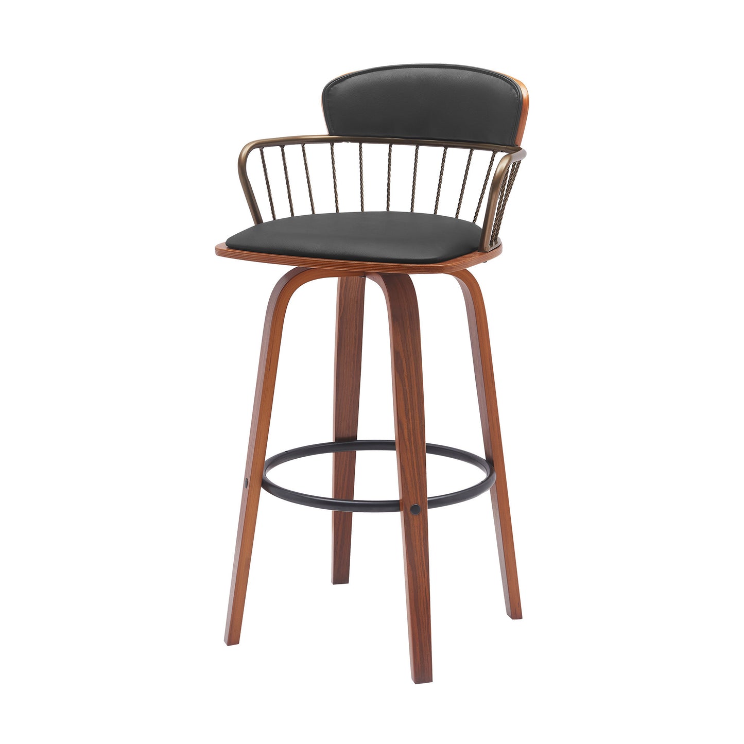30" Black And Wood Brown Faux Leather Swivel Low Back Bar Height Bar Chair - Loft&Timber