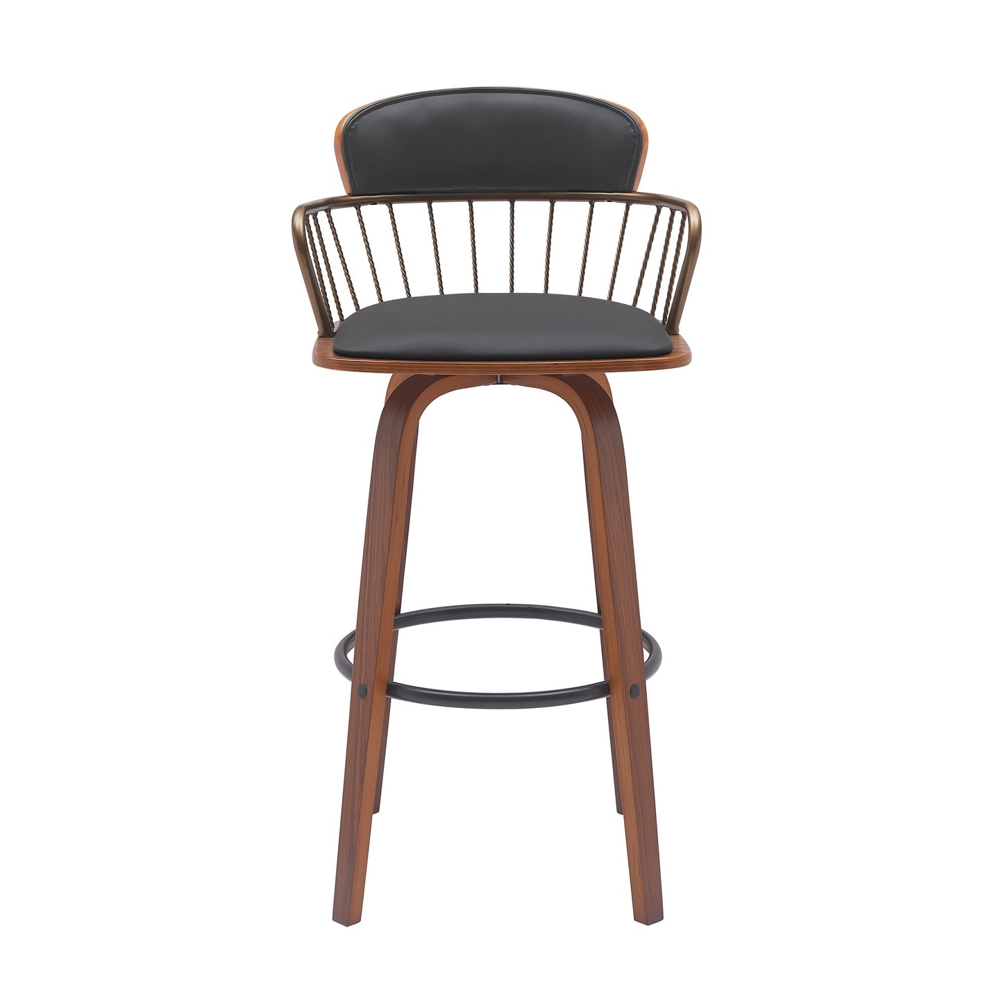 30" Black And Wood Brown Faux Leather Swivel Low Back Bar Height Bar Chair - Loft&Timber