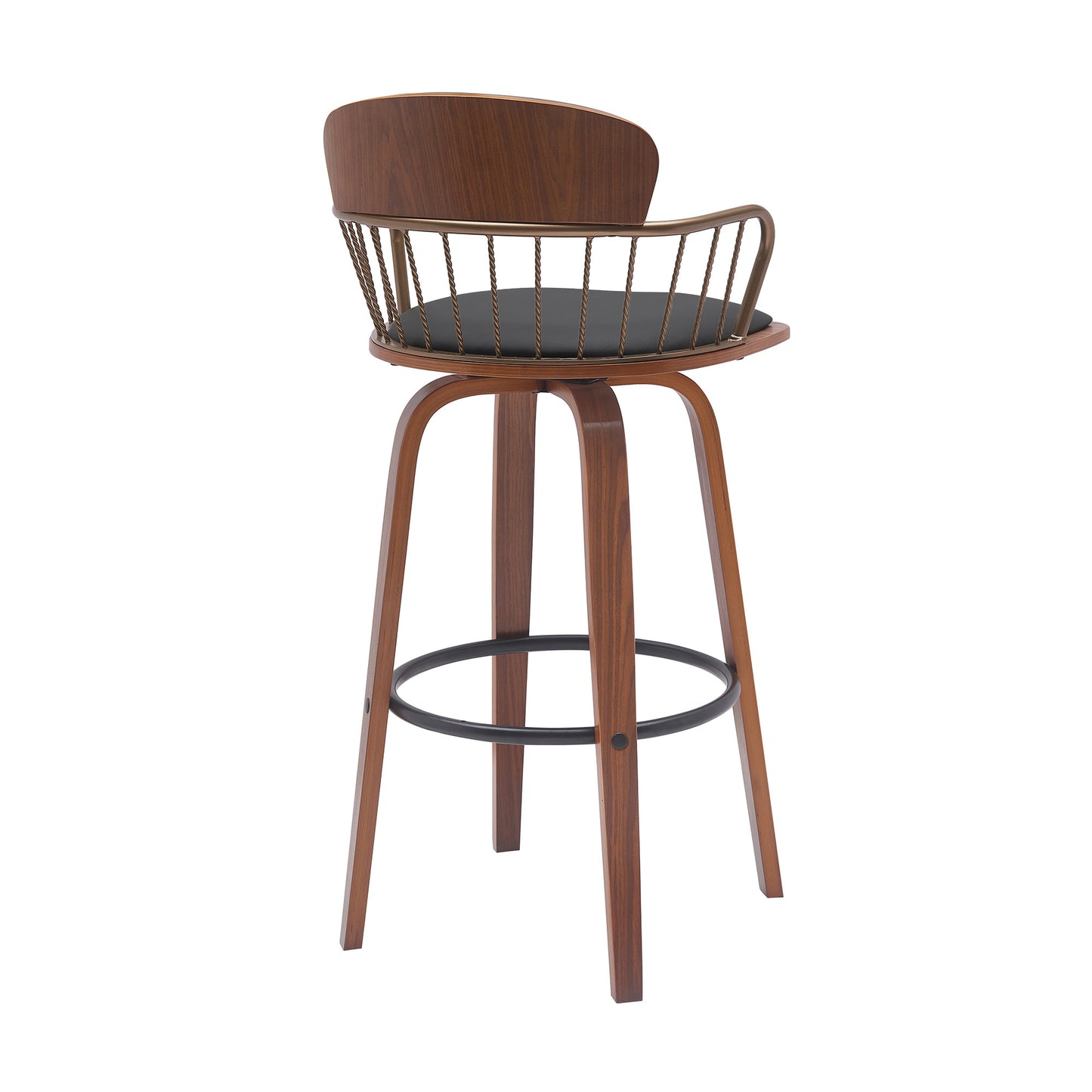 30" Black And Wood Brown Faux Leather Swivel Low Back Bar Height Bar Chair - Loft&Timber