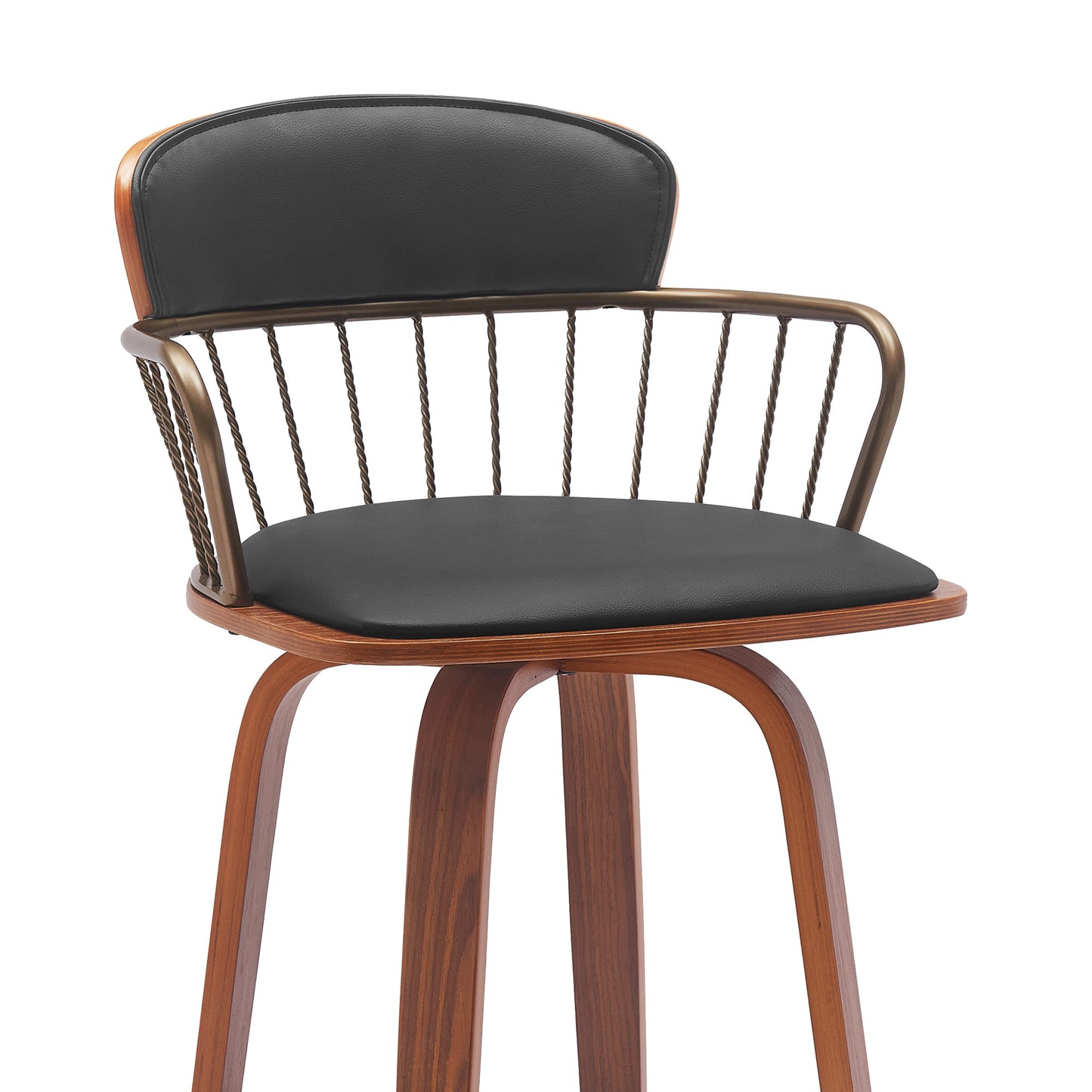 30" Black And Wood Brown Faux Leather Swivel Low Back Bar Height Bar Chair - Loft&Timber