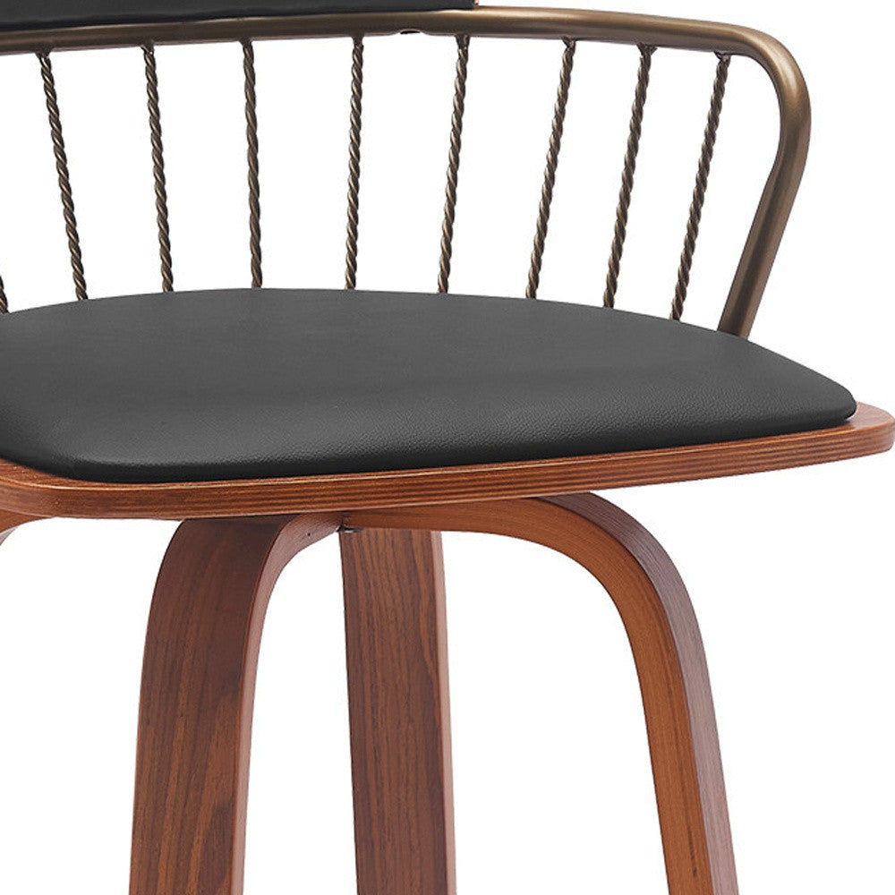 30" Black And Wood Brown Faux Leather Swivel Low Back Bar Height Bar Chair - Loft&Timber