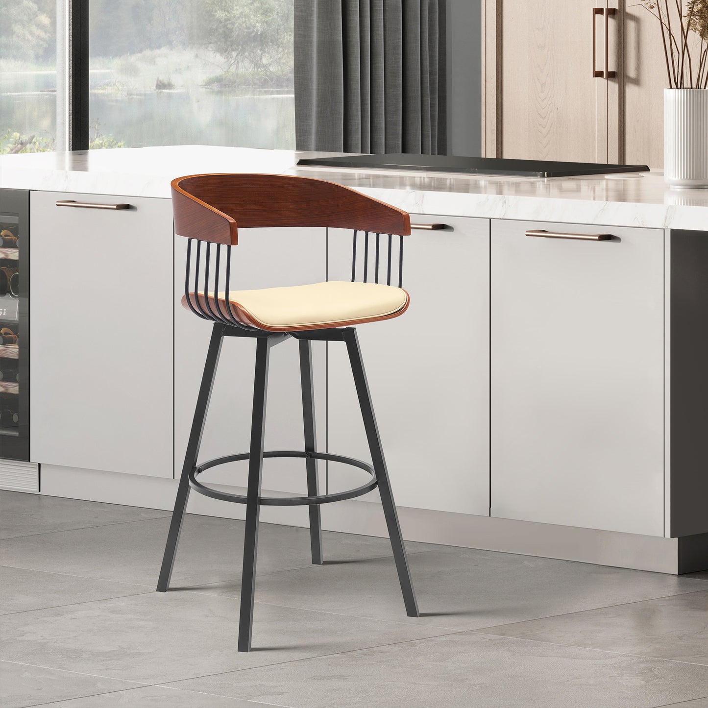 31" Cream and Black Faux Leather with Metal Swivel Bar Height Bar Chair - Loft&Timber